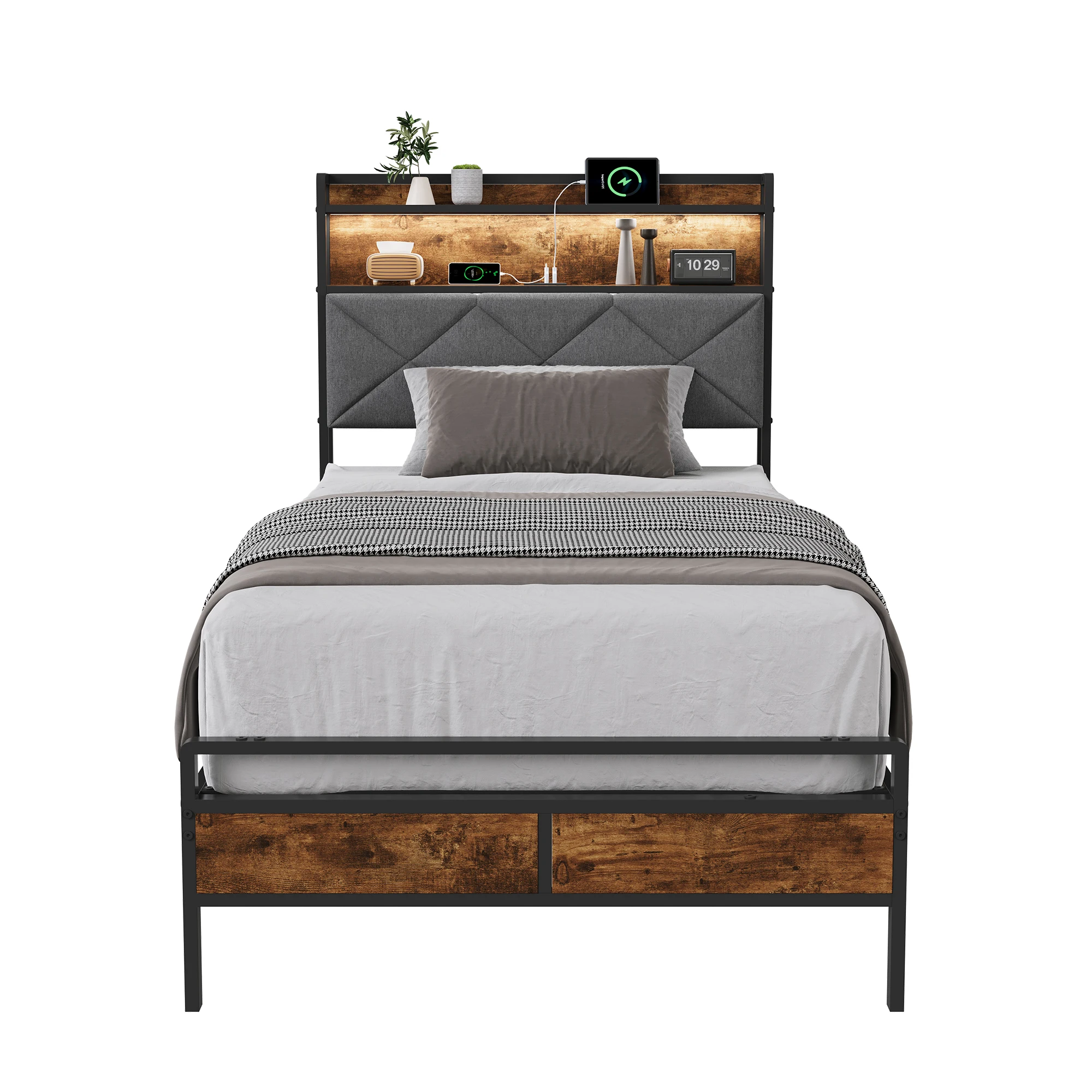 Fangange Metalen bed Jeugdbedden Enkelbed 90 x 200 cm met metalen lattenbodem, bedframe voor volwassenen, industrieel bed - afbeelding 2