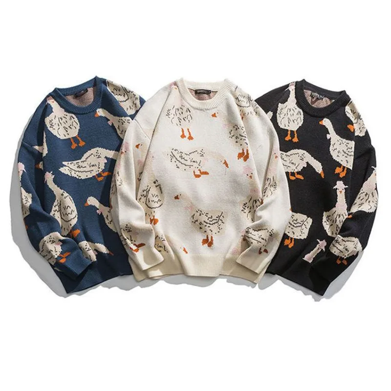 Chic Cartoon Animal Duck Goose Print Knitted Sweater Men Pullover Harajuku Casual O-Neck Oversize Streetwear Fall Winter Top