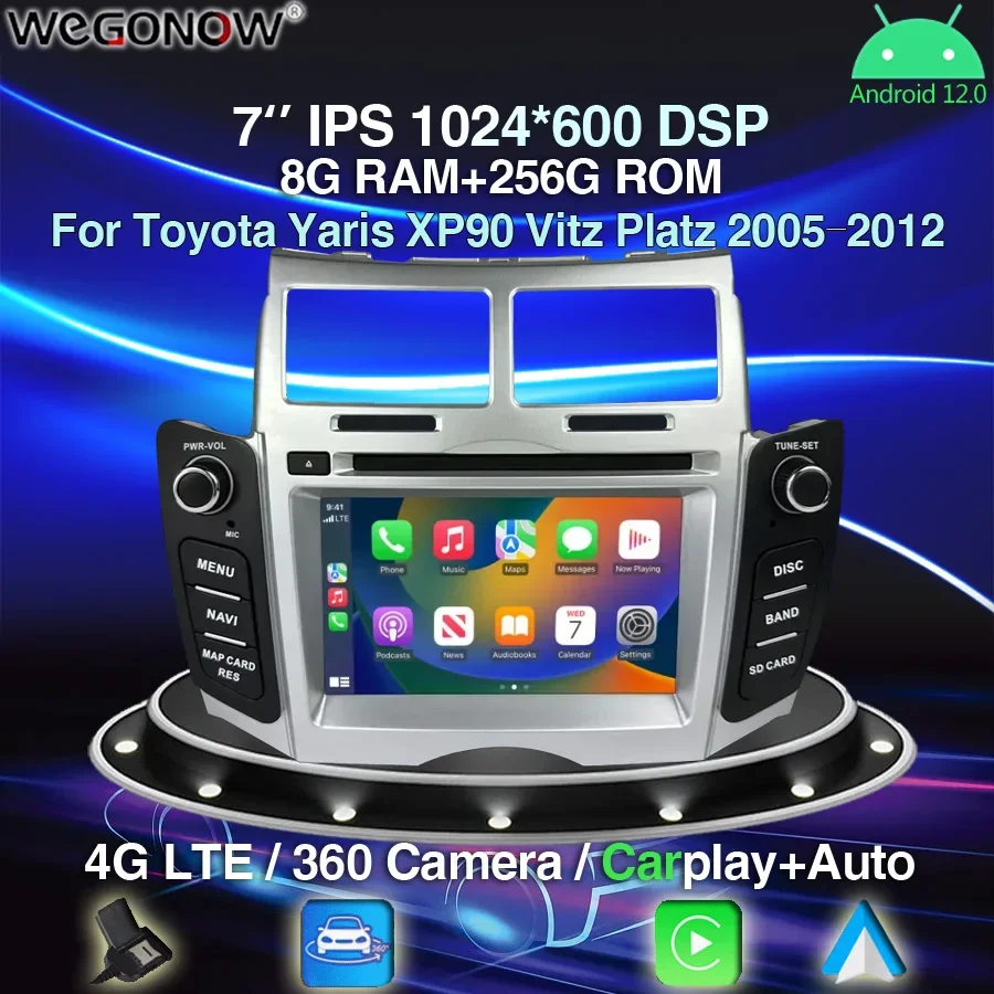 CarPlay DSP 7'' IPS Android 12.0 Car Android Player 8G+256G car radio GPS WiFi 4G LTE For Toyota Yaris XP90 Vitz Platz 2005-2012