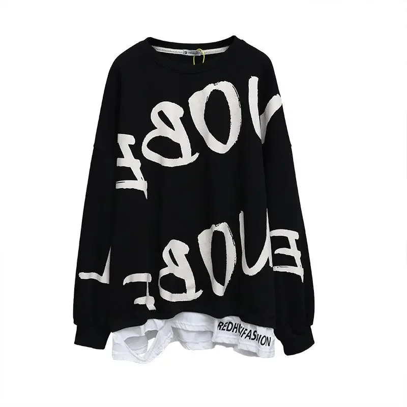 

Oversized O-neck Pullovers New Casual Long Sleeve Sweatshirts Patchwork 2023 Simplicity Autumn Winter Thin Women's Clothing