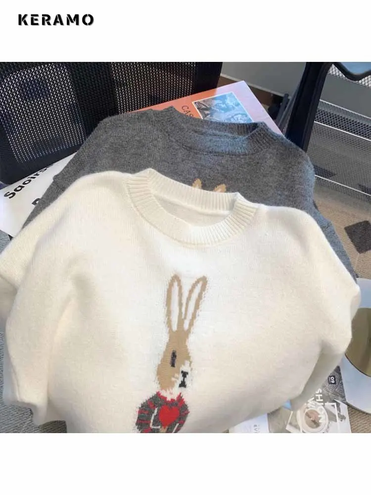 2023 Fall Winter O-Neck Cartoon Rabbit Long Sleeves Knitted Swrater Women Casual All-Match Sweet Korean Fashion Jumper Feamle