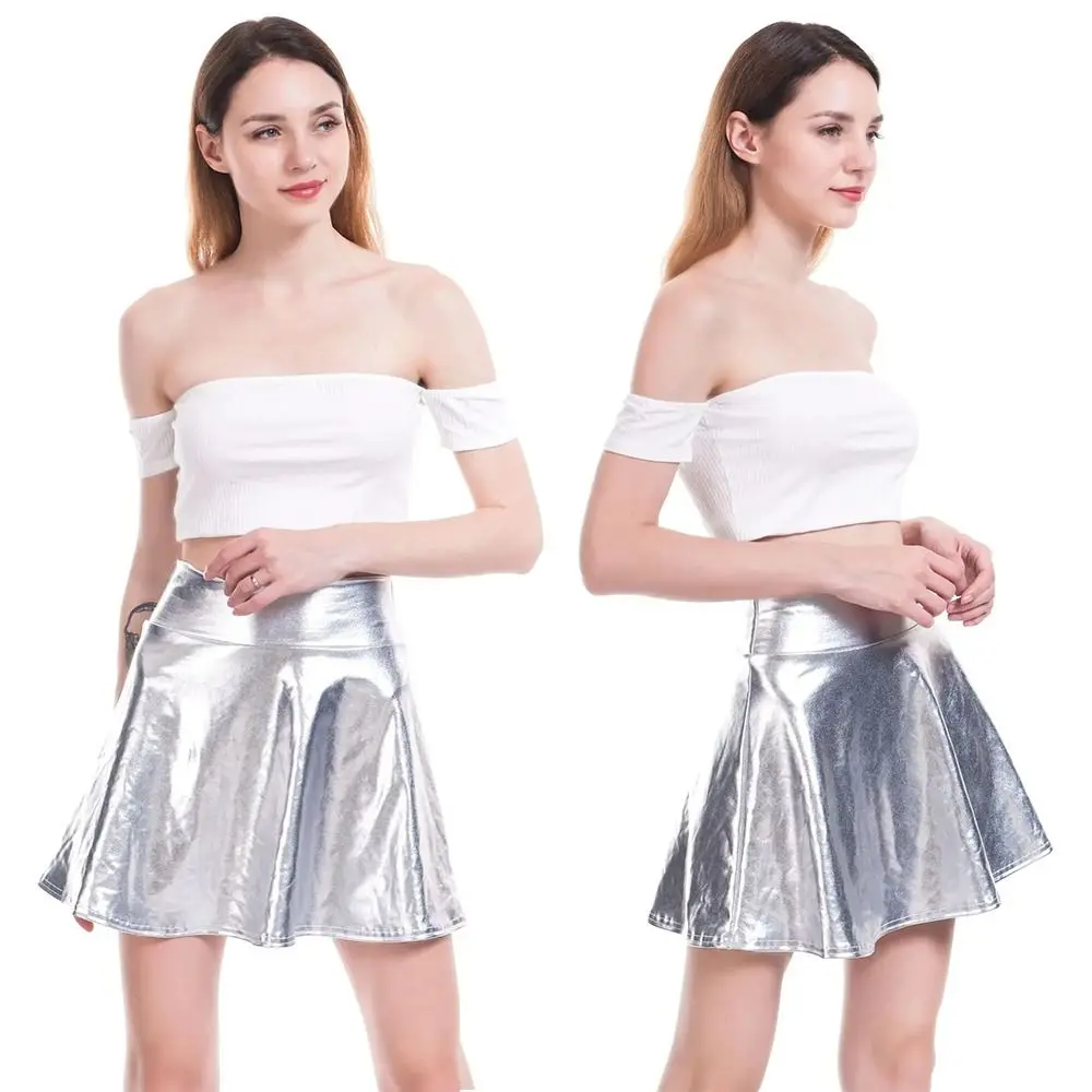 

Elegant Metallic Pleated Skirt Retro Gold Silver Shiny Short Dress Solid Color Elastic Pleated Skater Skirt Stage Costume