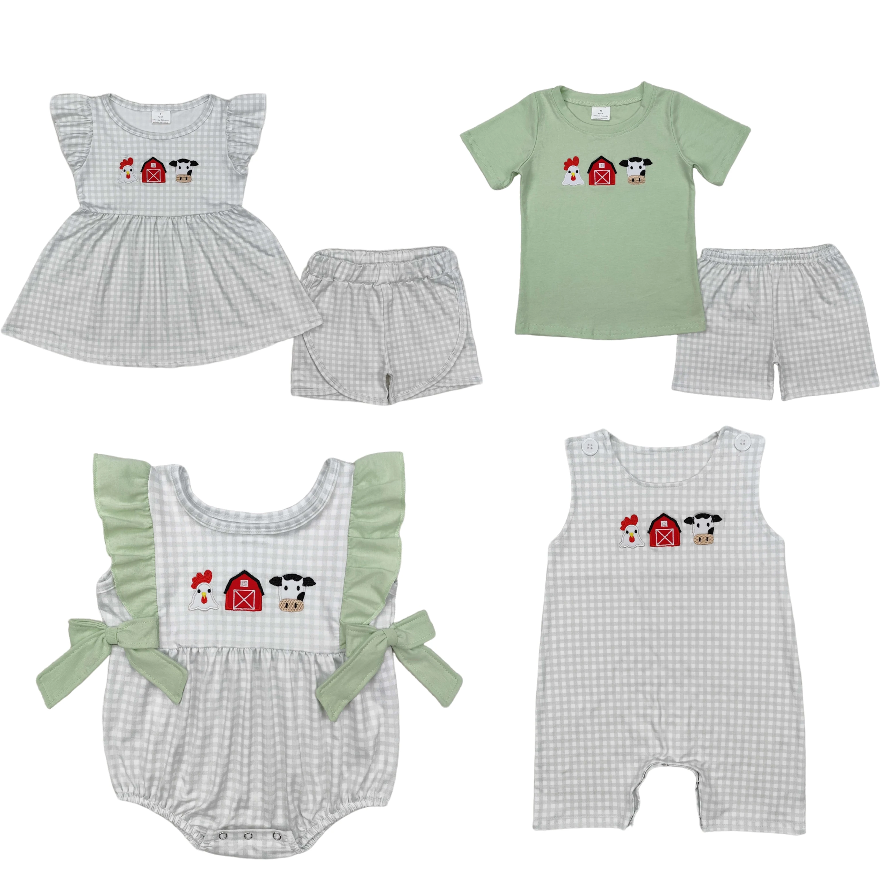 Wholesale Baby Boy Girl Clothes Embroidery Farm Cow House Chicken Sibling Clothing Infant Girls Boys Rompers Outfits Matching