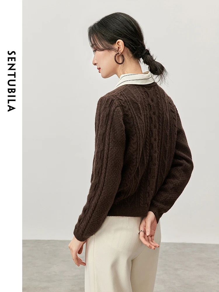 SENTUBILA Round Neck Knitted Pullovers for Women 2025 Basics Loose Fit Thick Warm coffee colour Women office Sweater W44E57306