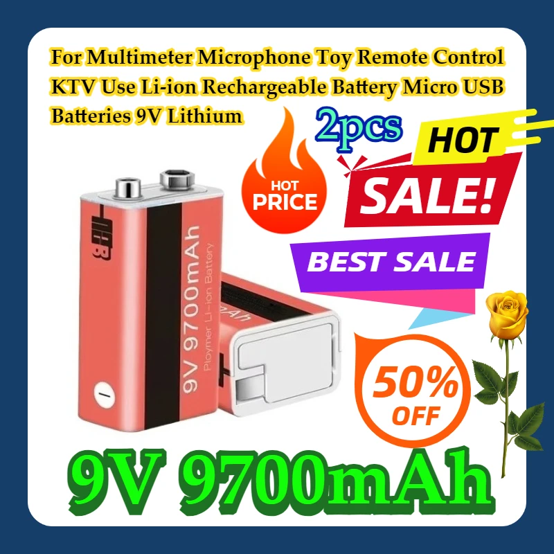 

2pcs For Multimeter Microphone Toy Remote Control KTV Use 9V 9700mAh Li-ion Rechargeable Battery Micro USB Batteries 9 V Lithium
