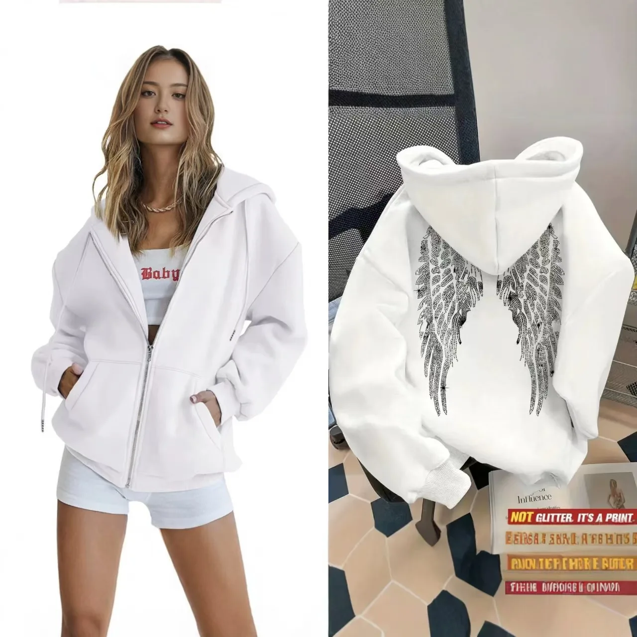 Hot selling men's and women's rhinestone wings explosive long sleeved zipper hoodie hooded sweatshirt in Europe and America