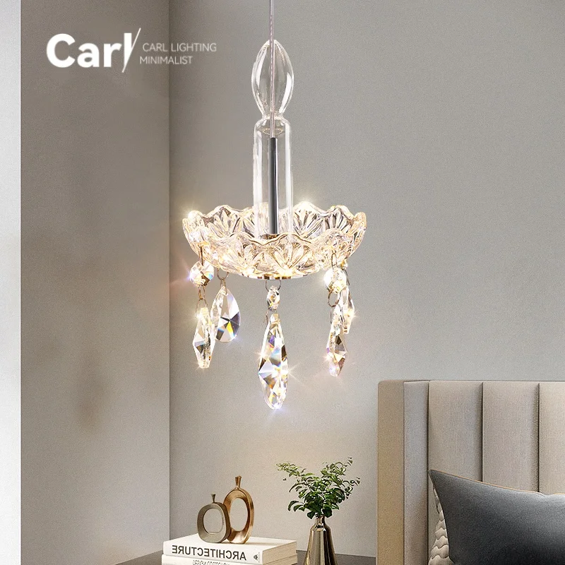 

French Light Luxury Crystal Small Chandelier Bedroom Bedside Entrance Corridor Candle High-end Hanging Line Lamp