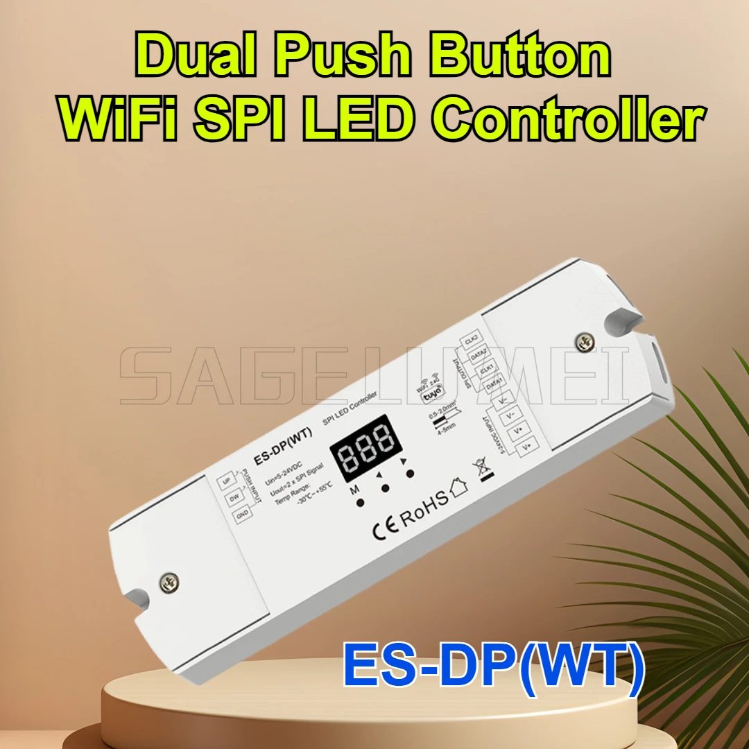 

SPI LED Controller ES-DP(WT) 5-24VDC WiFi Dual Push Button Stair Light Tuya APP Control for WS2812/2811 RGB or White Light Strip