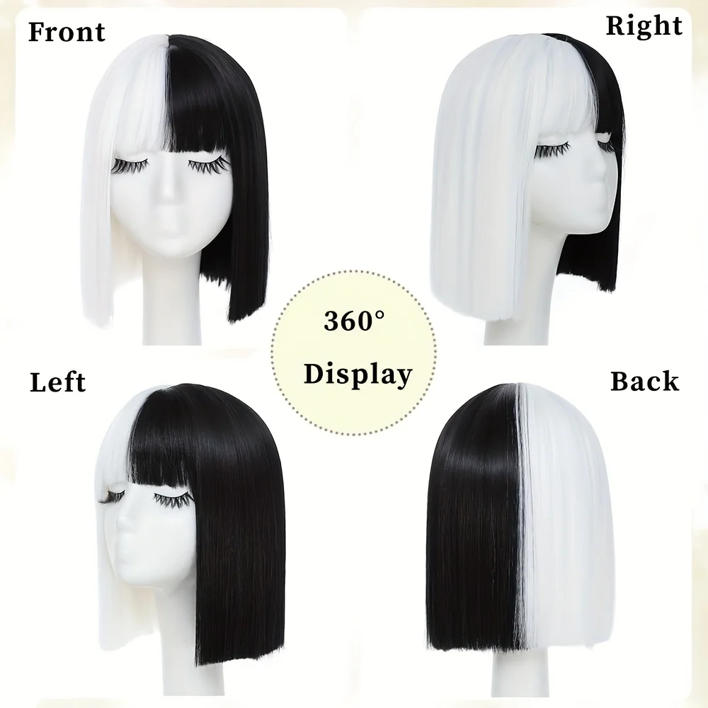 10-Inch - Black and white split wig, ladies' style, perfect for Cruella Deville costume and cosplay, with short straight bob hai