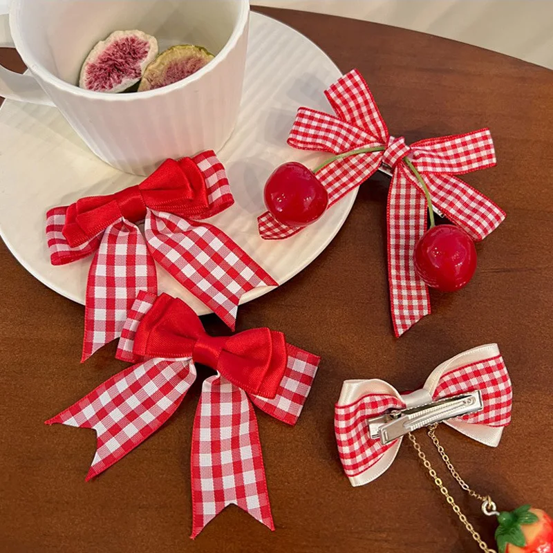 Red Cherry Cloth Bow Hair Clip Sweet Girl Double Layer Lace Strawberry Side Barrettes Lolita Headdress