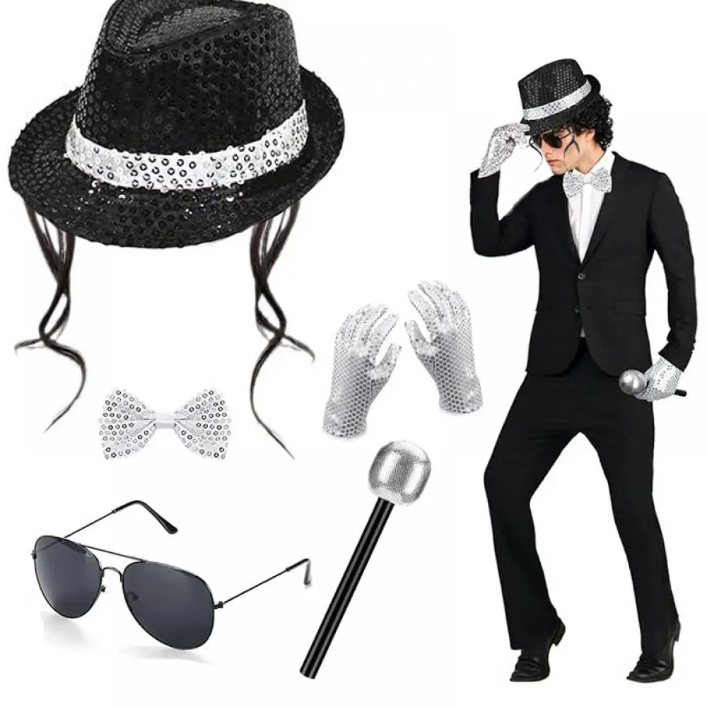 Conjunto de Accesorios de Disfraz de Michael Jackson, Kit de Actuación para Fiesta Disco Retro de los 80 con Sombrero de
