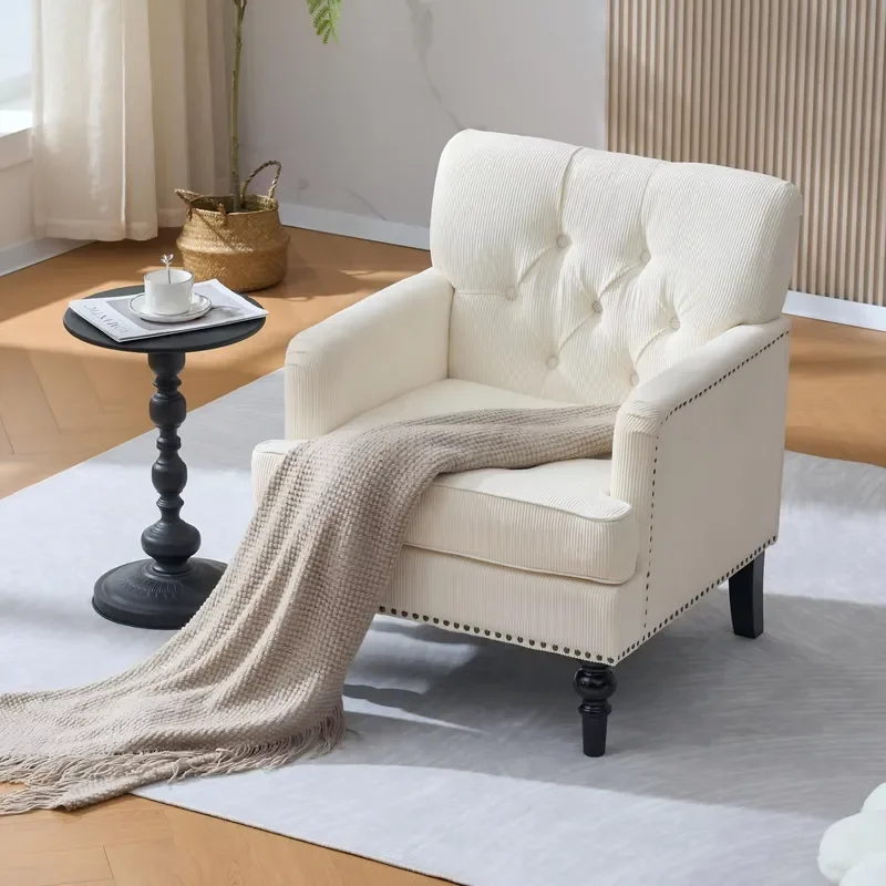 Beige Upholstered Armchair Modern Button Tufted Backrest Comfortable Single Sofa Chair Wood Legs Living Room Home