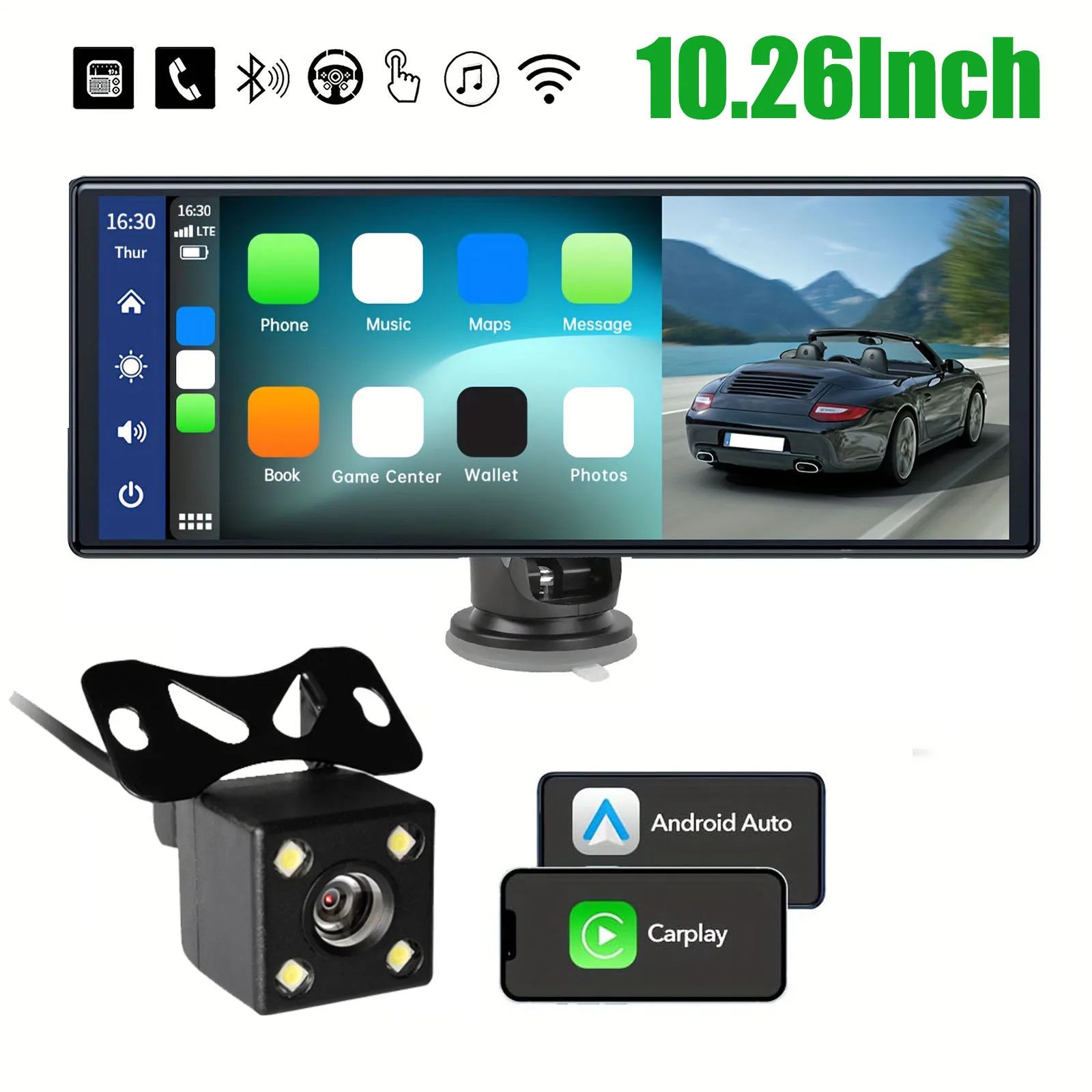

10.26-дюймовый экран CarPlay для автомобиля с поддержкой Apple CarPlay и Android Auto, HD сенсорный экран, автомобильная магнитола