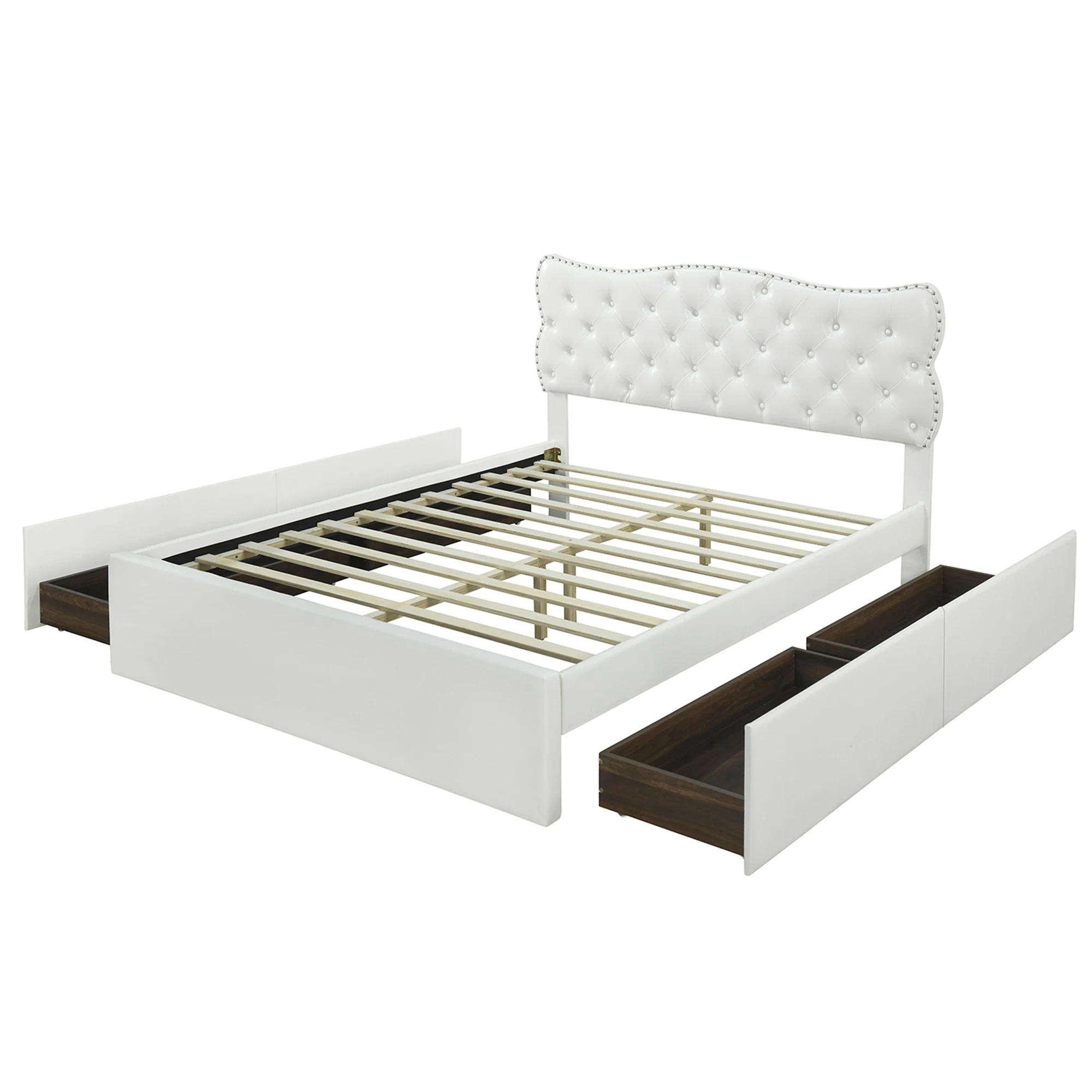 Queen Size Bed Frame with 4 Storage Drawers,Leather Upholstered Platform Heavy Duty Bed,Wood Slat Support,White