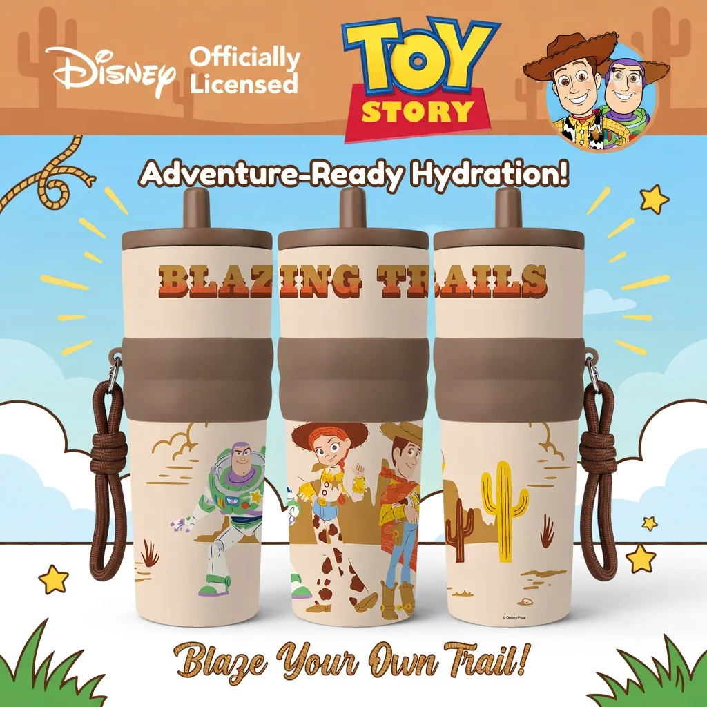 1pc 25oz Disney Toy Story Characters Stainless Steel Tumbler Insulated Travel Mug with Straw Hanging Rope Brown Coffee Cup