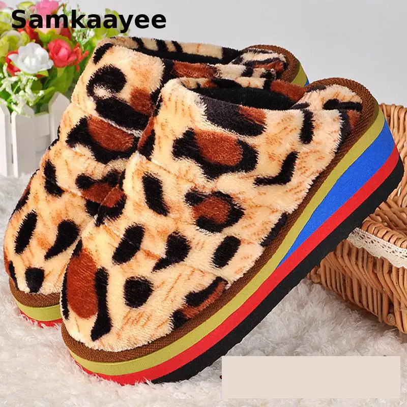 34-41 Womens Slippers Winter Female Wedges Home Shoes Mujer Zapatos 5cm Heels Leopard Platform Thick Bottom Indoor Footwear Y29