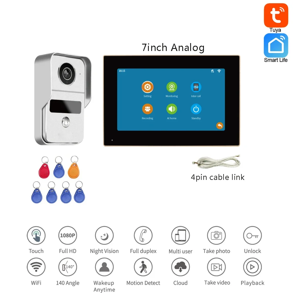 1 Juego de videoportero inalámbrico WiFi 2,4G, sistema de intercomunicación 1 a 1, Control por aplicación Tuya Smart Life, pantalla analógica Digital de 7/10 pulgadas
