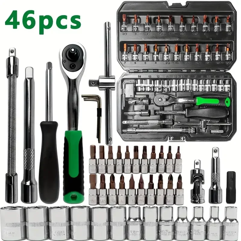 46pcs Car Repair Tool Kit 1/4-Inch Socket Set Car Repair Tool Ratchet Torque Wrench Combo Auto Repairing Set Mechanic Tool