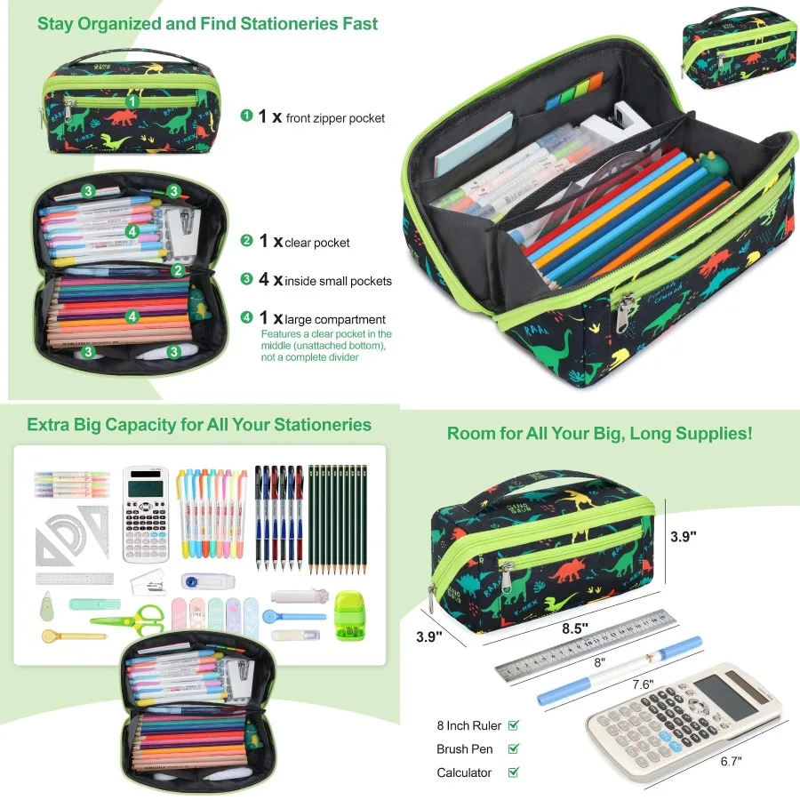 กล่องดินสอความจุขนาดใหญ่สำหรับเด็กผู้ชาย - กระเป๋าใส่ดินสอเปิดกว้างพร้อมช่องใส่ของ 8 ช่อง ดีไซน์นุ่มน่ารัก เหมาะสำหรับอุปกรณ์การเรียน