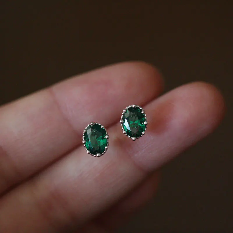 Small Emerald Oval Zircon Stud Earrings Women 925 Sterling Silver Vintage Temperament French Wedding Bridesmaid Jewelry