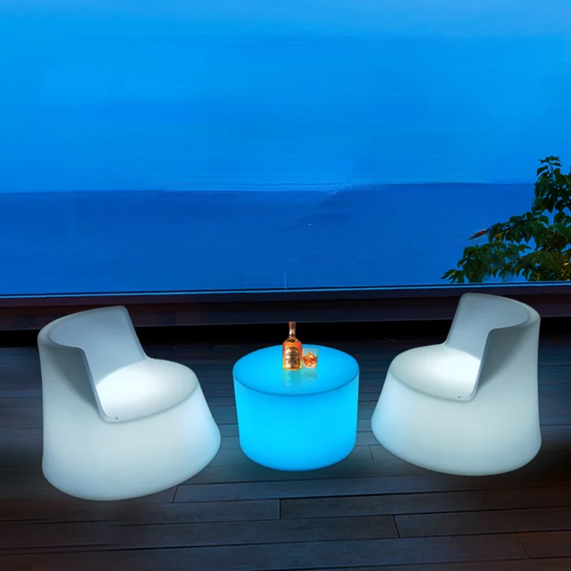 LED Light Bar Table and Chairs Outdoor Waterproof Combination Furniture Round Coffee Table Sofa Stool