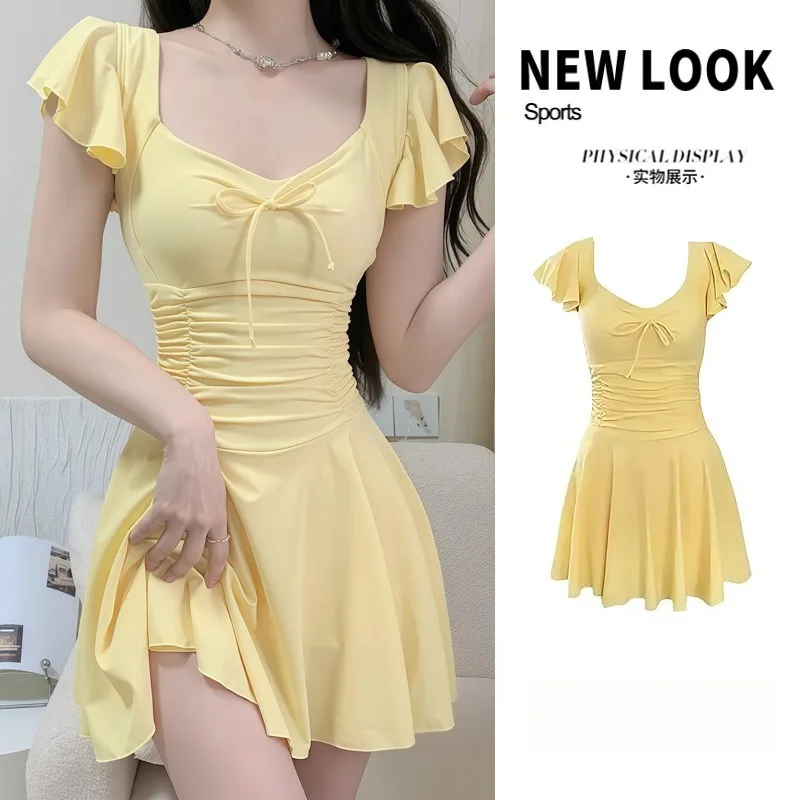 Yellow One Piece Swimsuit Ruffled Short Sleeve Ruched Waist Skirted Bathing Suit for Women Beach Pool Vacation Swimwear