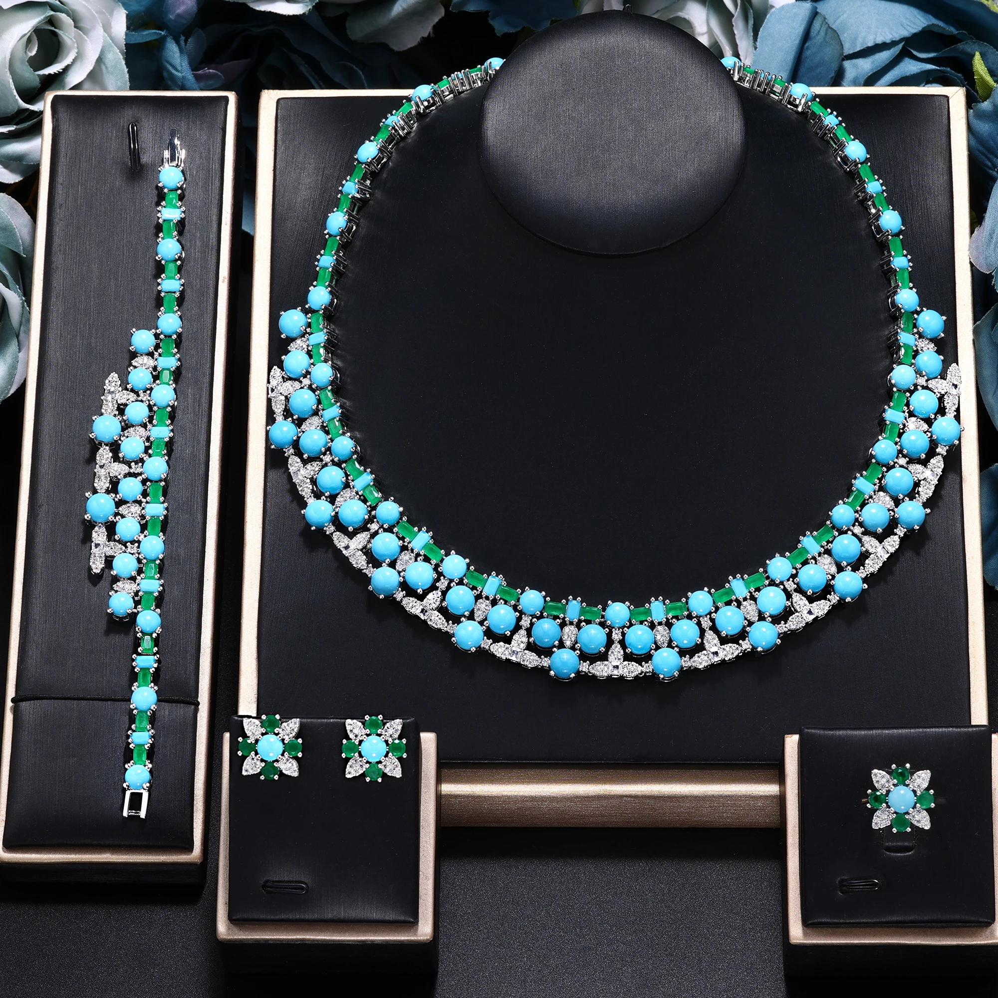 

Ingenious 2023 New Turquoise 4-Piece Set Cubic zirconia African Jewelry Set Zircon Crystal Dubai Bride Jewelry Set