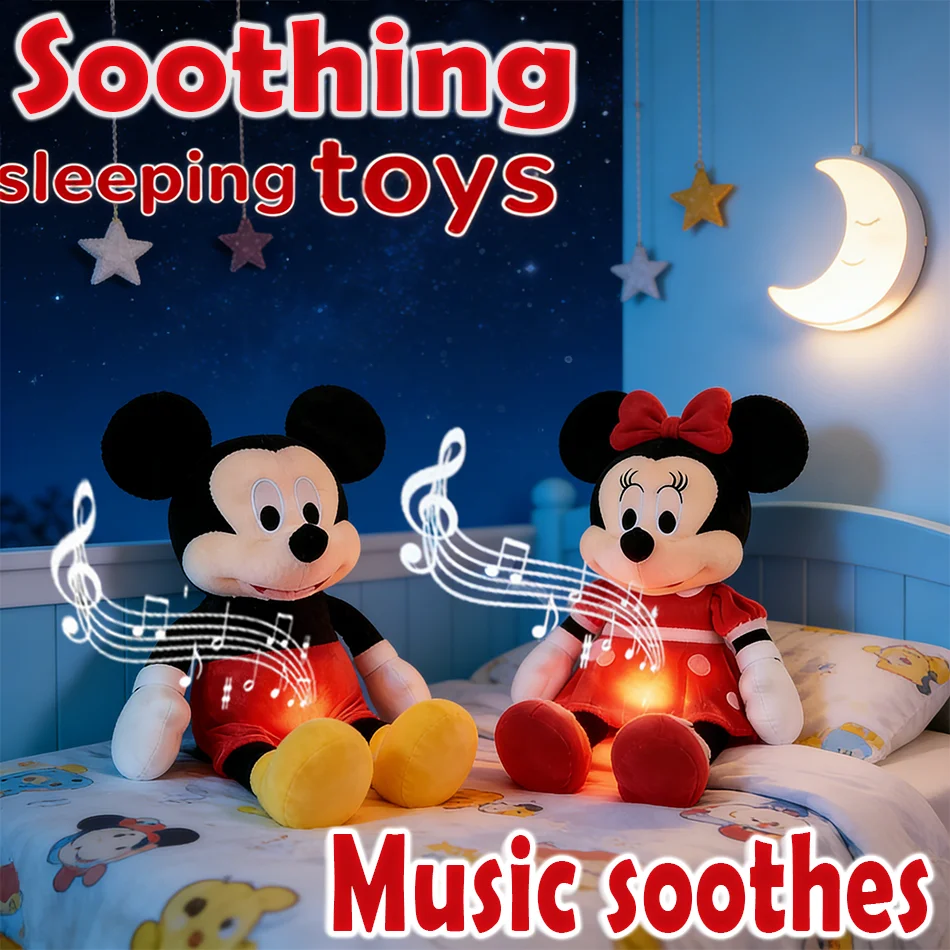 

Disney Mickey Minnie Plush Doll Breath Child Peluche Kawaii Soothes Toy Anime Baby Music Light Sleep Toys Pink Stitch Kid Gifts