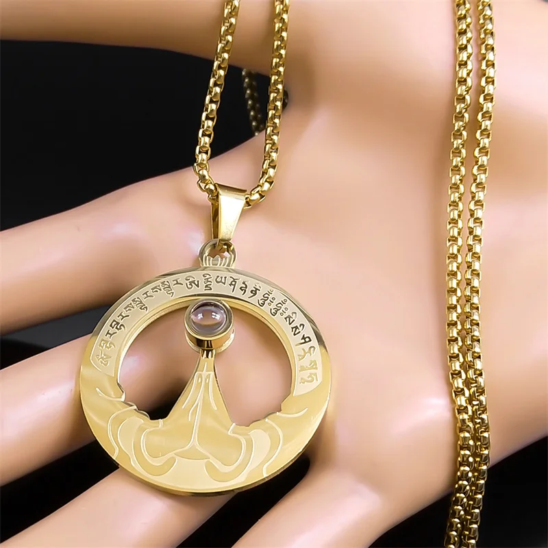 Buddhism Namaste Mantra Shurangama Projection Necklace for Men Women Stainless Steel Gold Color Amulet Chain Jewelry NZZZ579