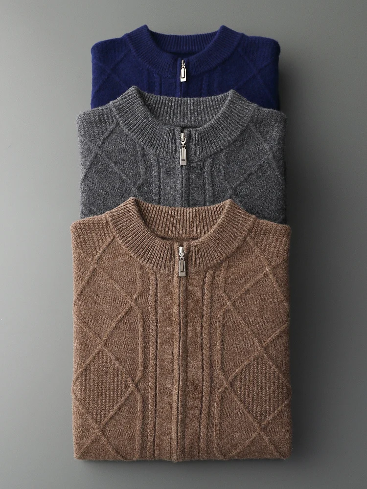 Merino 100% Wool Men's Thick Warm Autumn Winter New High-end Fashion Casual Zipper Knitted Sweater Cardigan