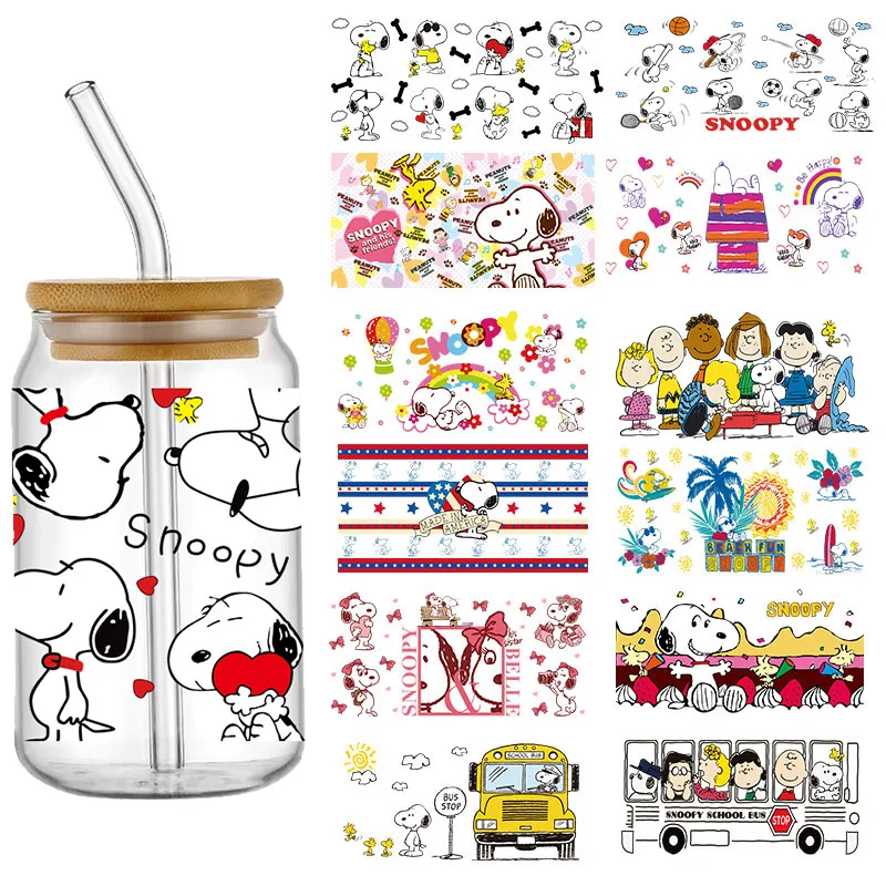 Cartoon Fashion Snoopy 16OZ UV DTF Cup Wraps Transfer Sticker For Glass Libbey Can Bottle Selfadhesive Washable DIY Custom