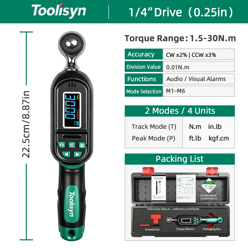 Toolisyn Digitale momentsleutel 0,3-500N.m Verstelbaar 1/4"3/8"1/2" Drive ± 2% nauwkeurigheid LED-zoemer Precisiegereedschap voor fiets- en autoreparatie