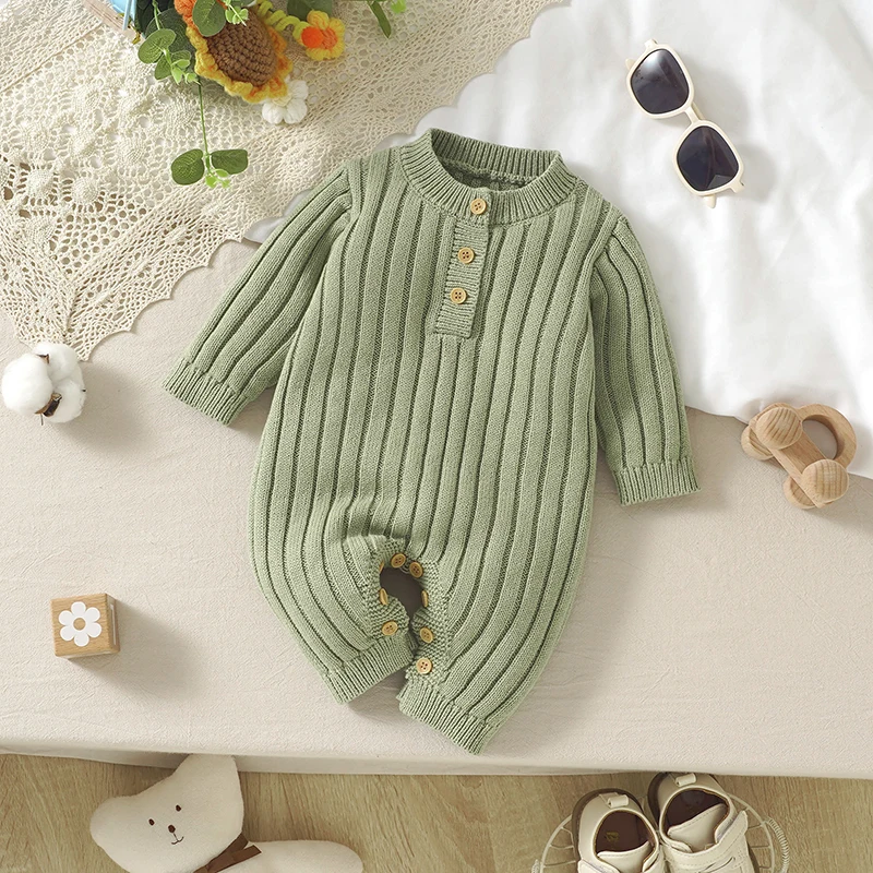 Newborn Baby Rompers Knitted Infant Boy Girl Jumpsuit Long Sleeve Autumn Toddler Bebes Clothes Fashion Solid 0-18M Overalls Warm
