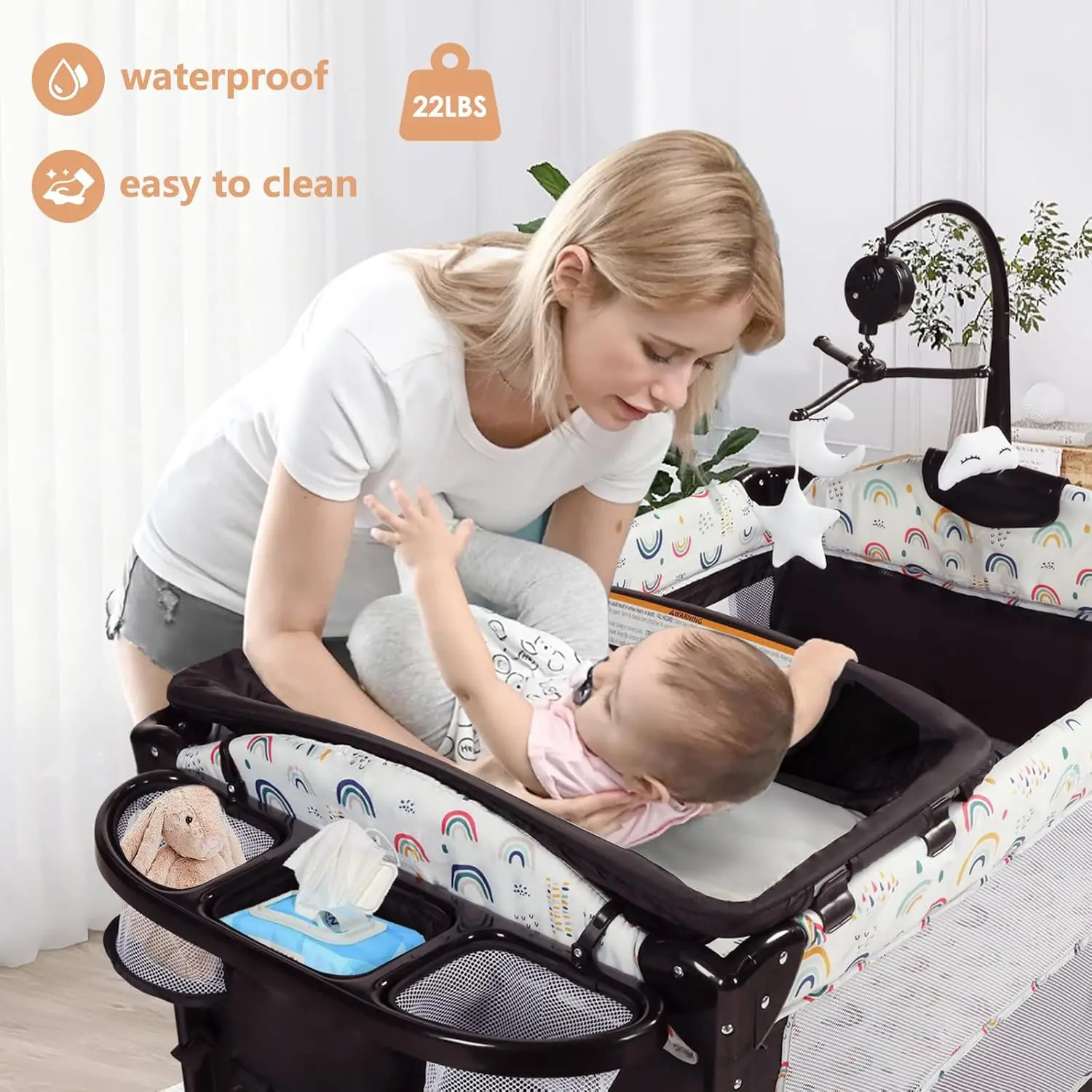 Kinder King 4 en 1 patio portátil para bebés, cuna plegable junto a la cama para bebés con mueble, paquete infantil y patio de juegos grande para niños pequeños