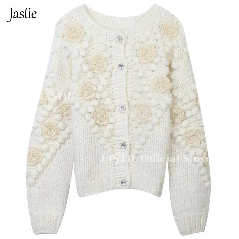 Jastie Heavy Industry Hand Hook Sweater 2023 Autumn And Winter New White Flower Splicing Loose O Neck Sweet Knitted Cardigan Top