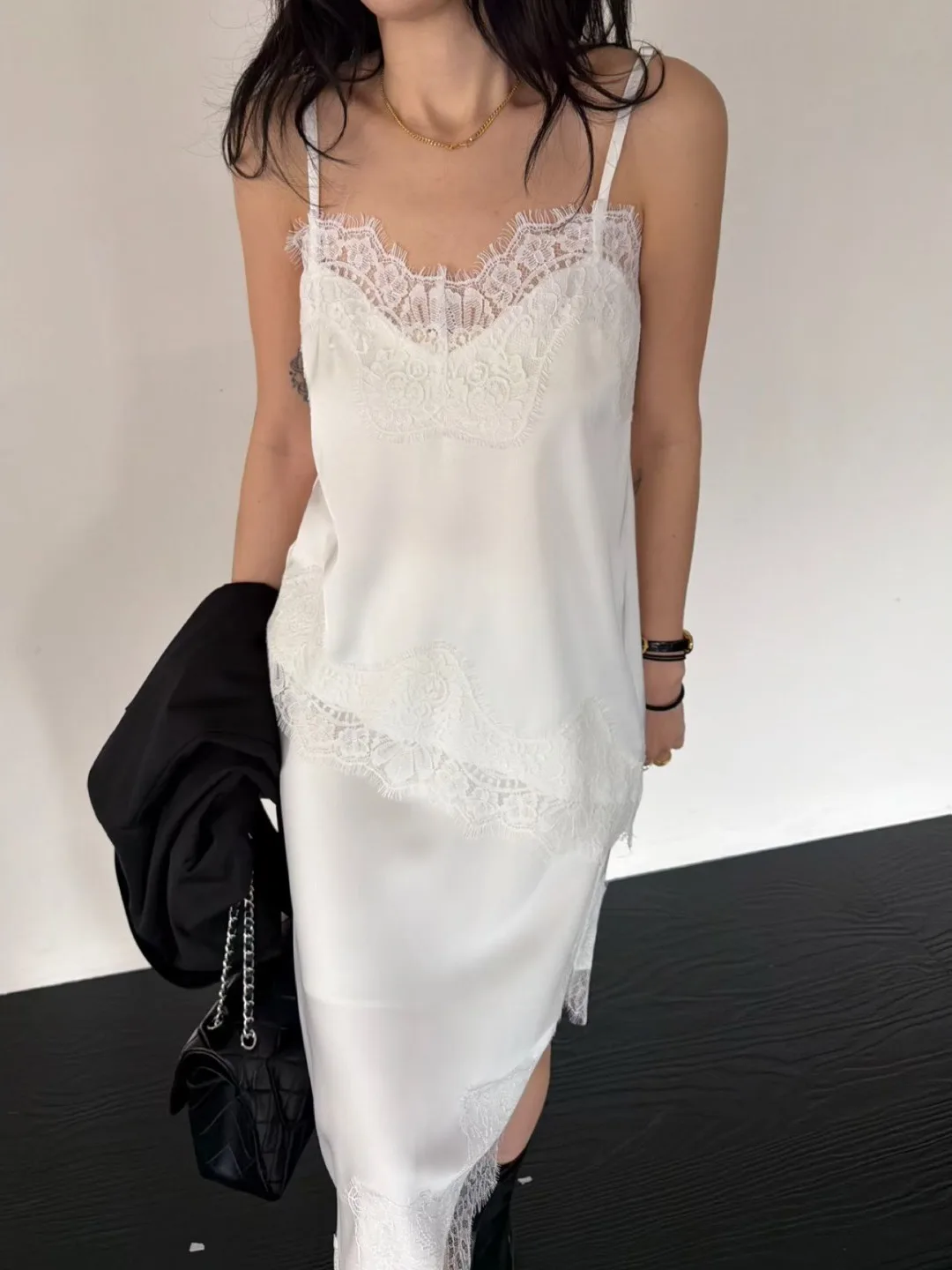 Sexy Chic Comfortable Lace Satin Base Small Strap Vest Top Women's Fashion Daily New Arrival Versatile Inner Wear Polyester F...