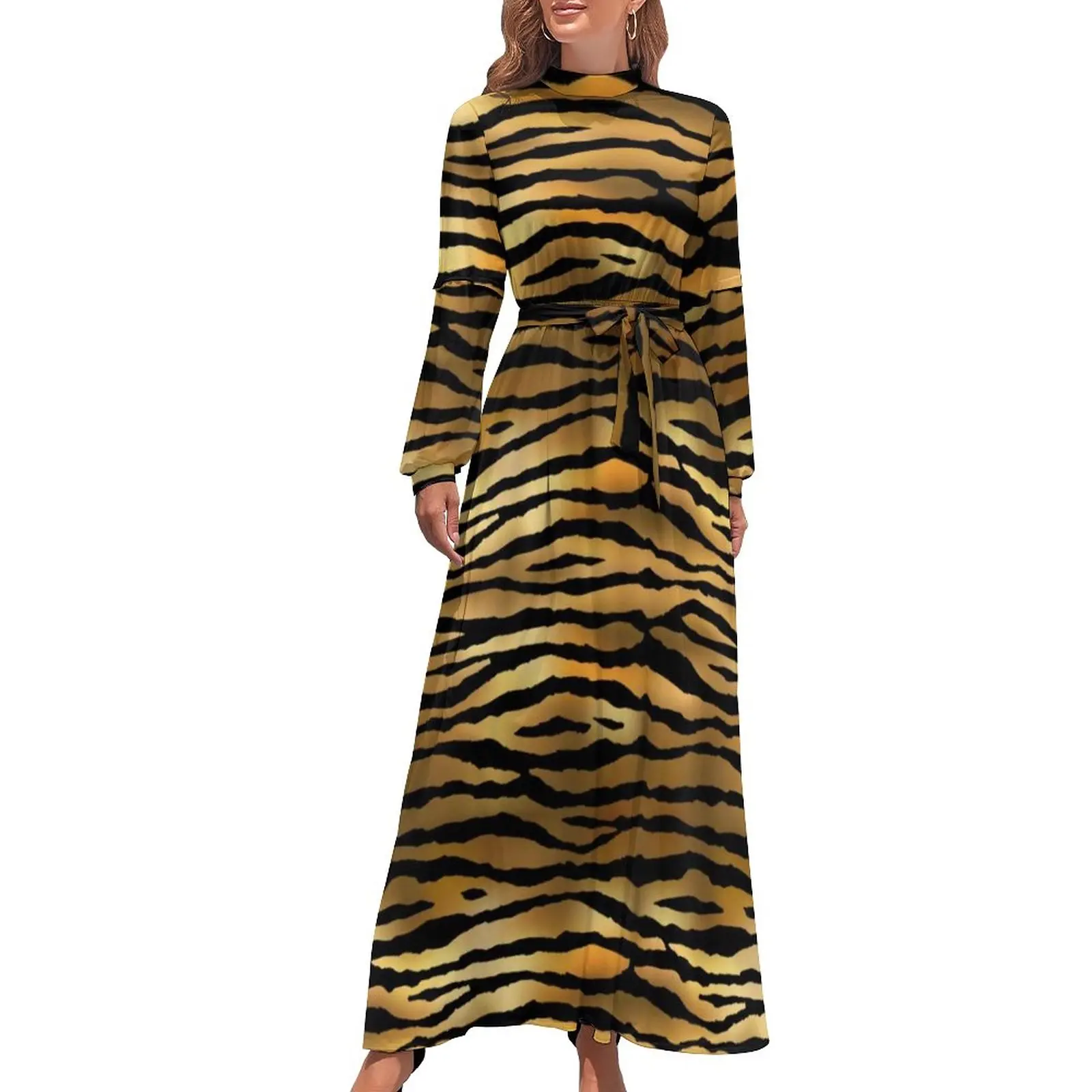 Tiger Print Dress High Neck Gold Black Animal Jungle Custom Beach Dresses Long Sleeve Aesthetic Long Maxi Dress Party Clothes