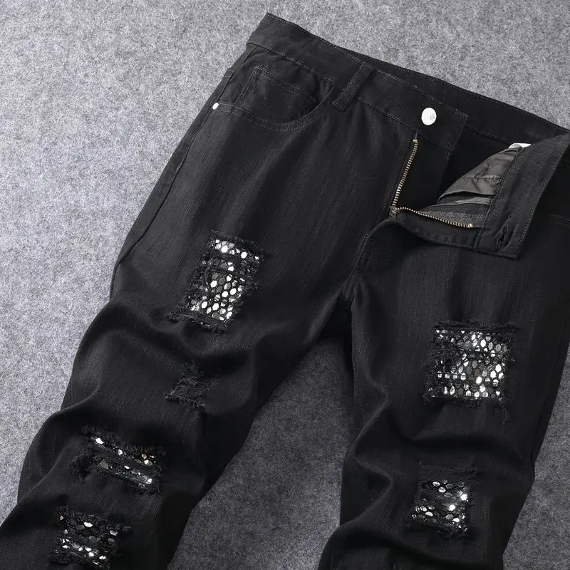 MEN'S HIGH END light luxury water washed youth fashion casual straight cut hole patch elastic versatile slim fit denim pants