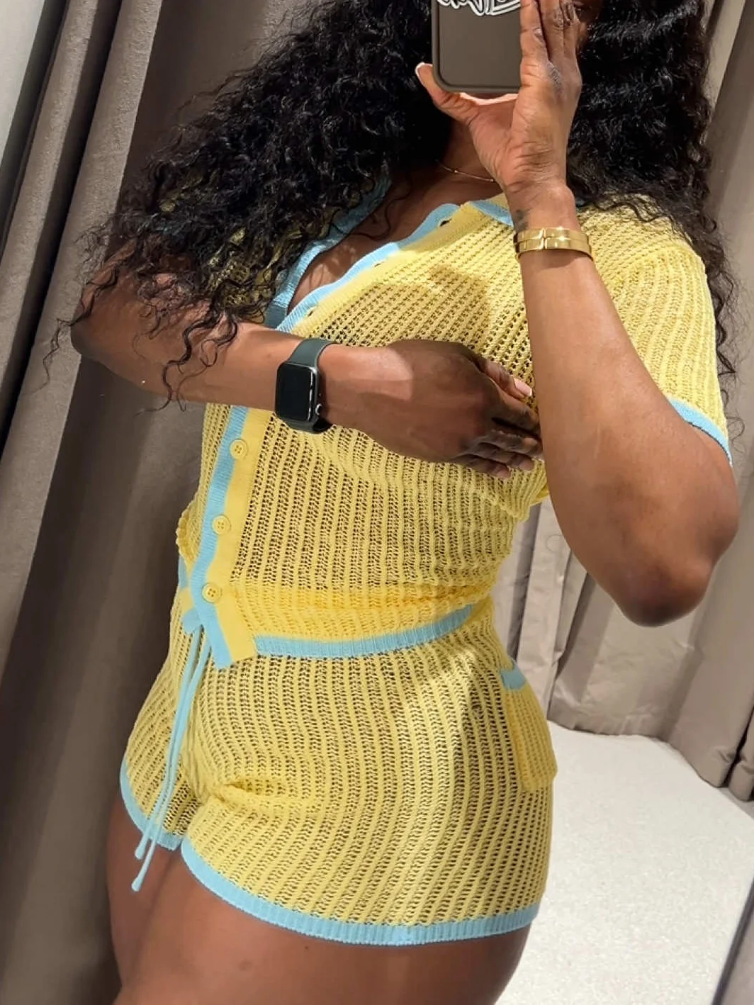 

Retro casual women's knitted suit short-sleeved single-breasted top drawstring shorts new fashion 2025 summer women's beach suit