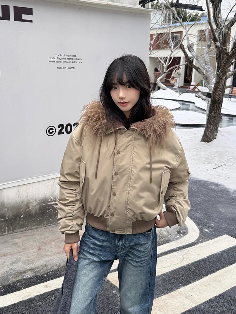 URKR Street Retro Abrigo de piloto con capucha para mujer relleno de algodón Thiened American Sle ort algodón picante Jaet cálido largo Sve