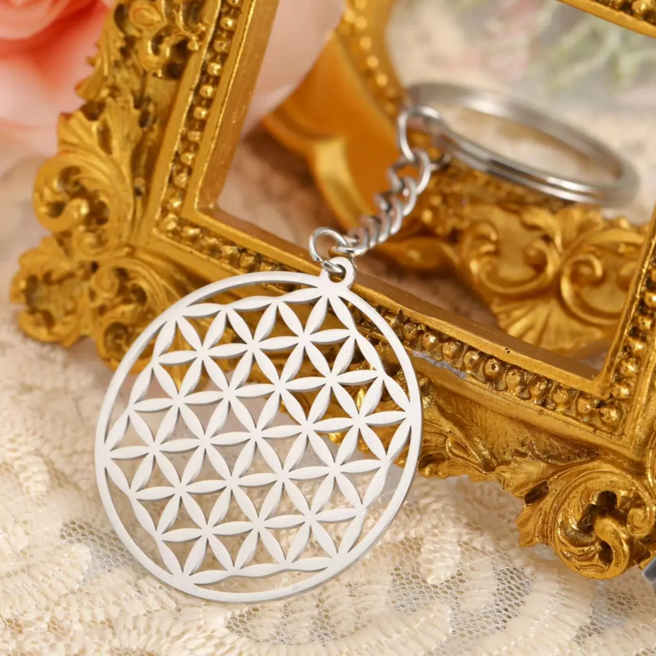 LIKGREAT Trend Flower of Life Sacred Geometry Keychain Stainless Steel Jewelry Seed of Life Car Key Ring Birthday Gift Wholesale