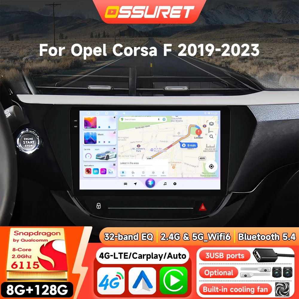 Android Autoradio Intelligentes GPS für Opel Corsa F 2019-2023 Kabelloses Carplay Multimedia-Videoplayer 360CAM Wifi 2din Autoradio