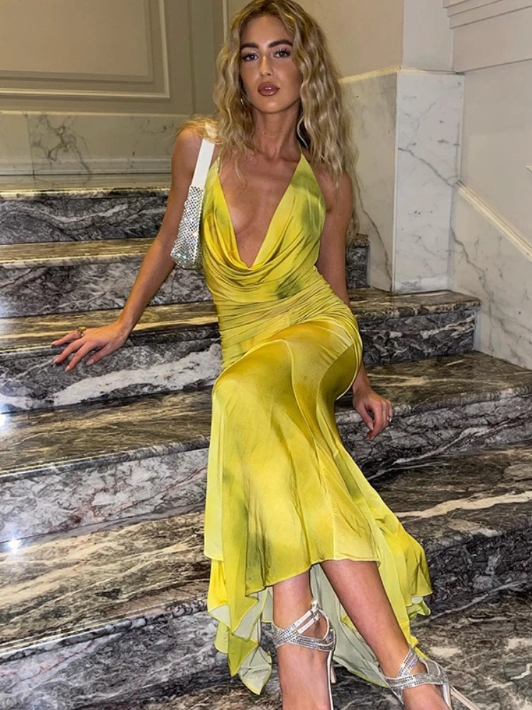 WeiYao แฟชั่นพิมพ์ Ruffles Halter เซ็กซี่ Mermaid ชุดผู้หญิงแขนกุด Backless Draped Ruched Maxi ปาร์ตี้ Vestido