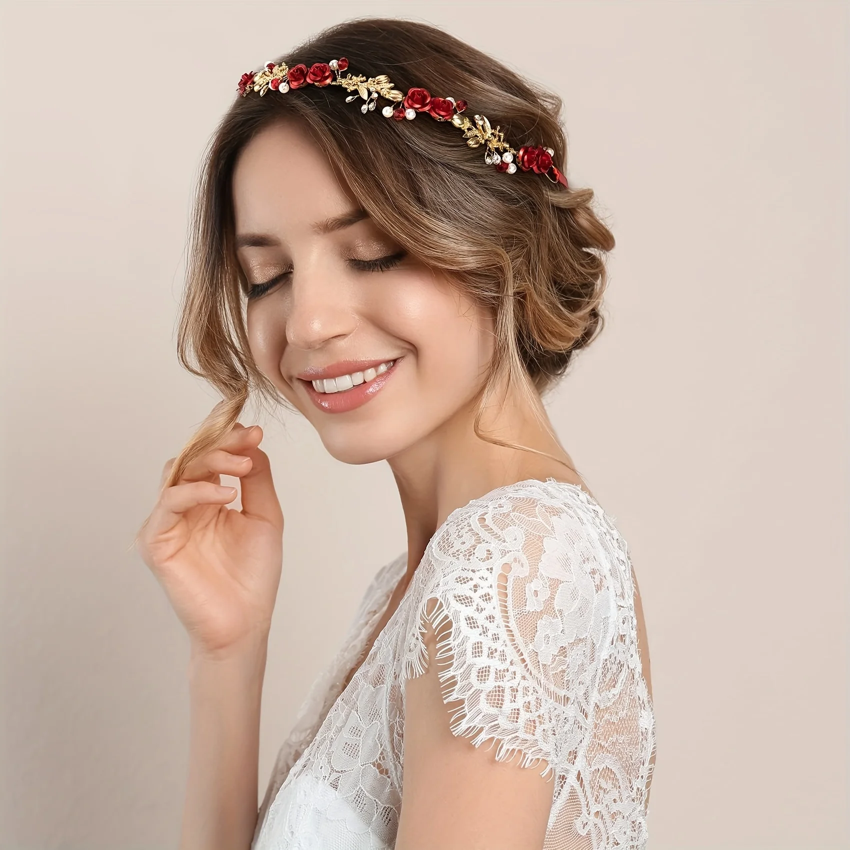 Red Handmade Rose Headband Decorated With Imitation Pearl Rhinestones For Brides, Women, Weddings, Parties, And Banquets