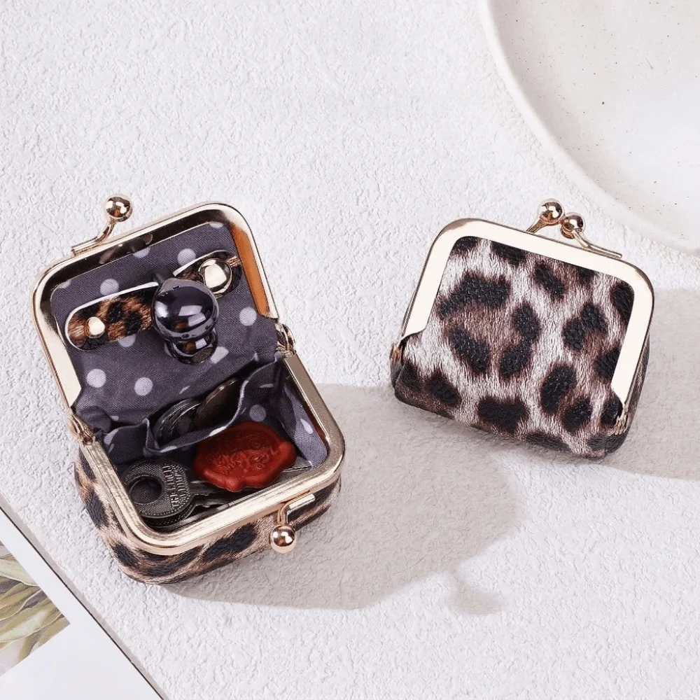 Simple Leopard Print Kiss Lock Coin Purse PU Leather Square Leather Jewelry Bag Mini Multifunctional Small Item Bag Ring