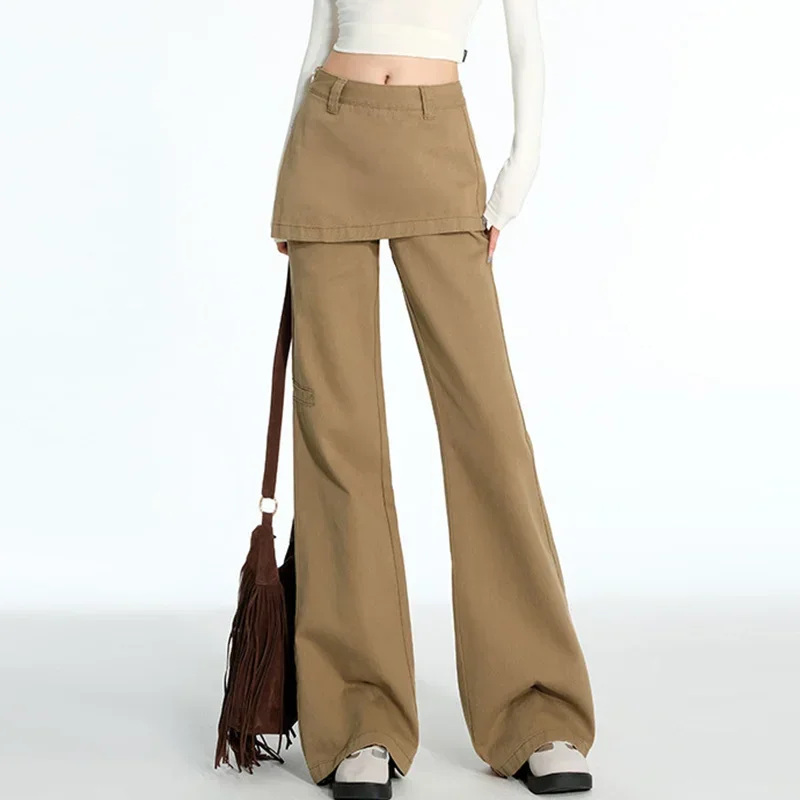 CPSYMYM Damskie Jeansy Casualowe Eleganckie Spodnie Dżinsowe z Podwyższonym Stanem, Rozszerzane, Spódnica z Falbanami, Boczny Zamek Błyskawiczny, Wiosenne Jeansy w Stylu Vintage