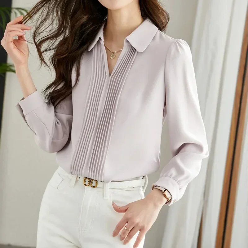 

Повседневные женские рубашки с длинным рукавом, новая шикарная офисная шифоновая блузка в корейском стиле, осенние женские топы, женская одежда 29500