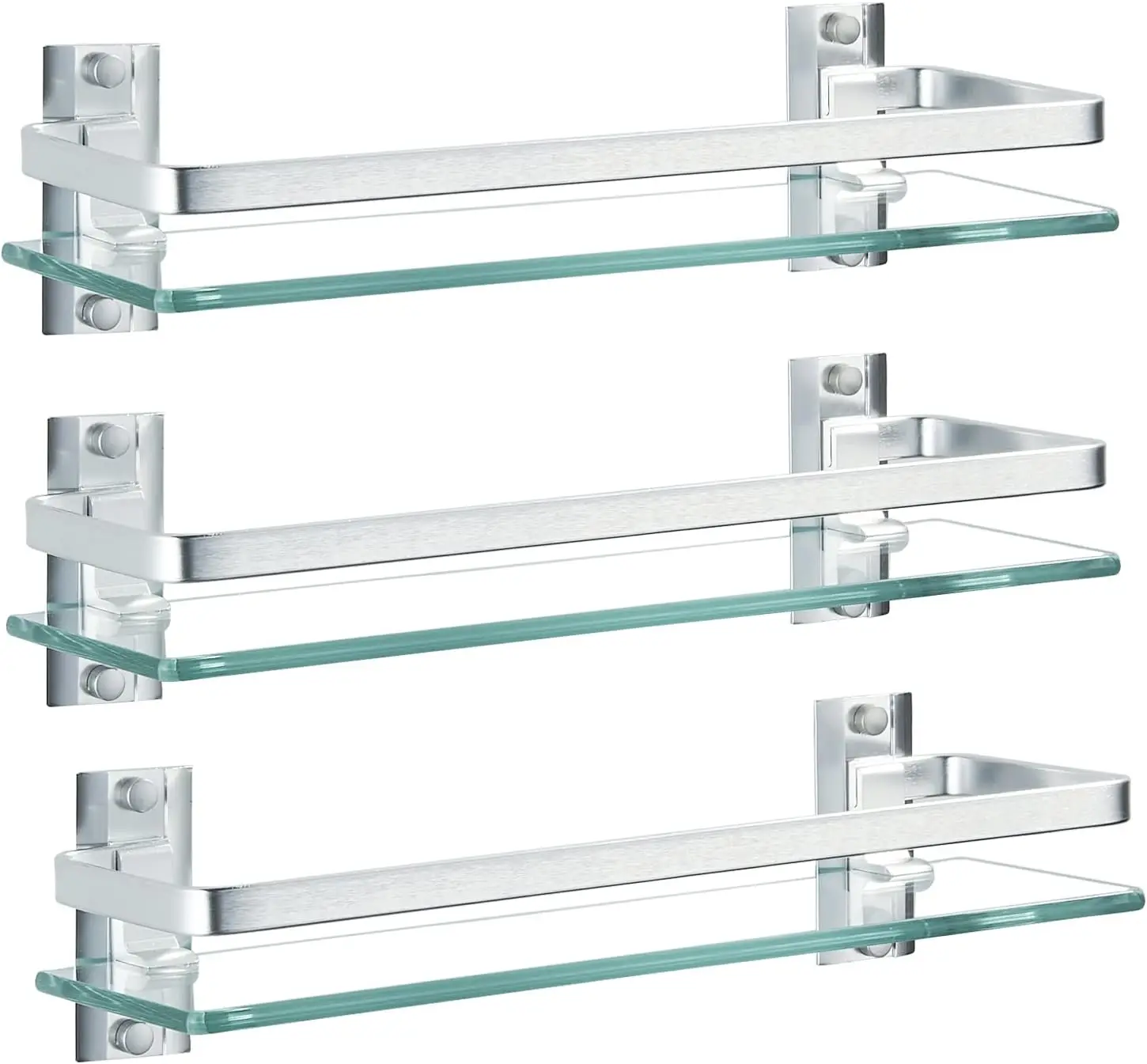 

3 Pack Bathroom Glass Shelf, Aluminum Tempered Extra Thick Rectangular 1 Tier Wall Mount Storage Organizer, Silver 15.7in