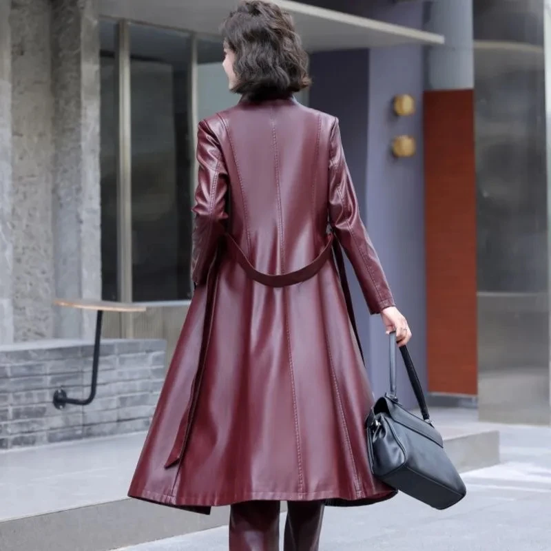 Mulheres primavera outono casaco de couro elegante moda gola manga longa x-long plutônio blusão split couro casual casaco