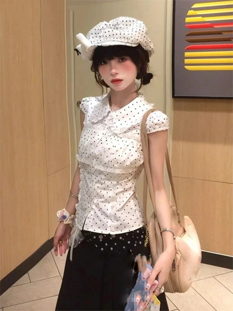 

Polka Dot Collar Short Sleeve Shirts Women Korean Style Sweet Slim Fit Lace Up Crop Top Vintage Y2k Blouses